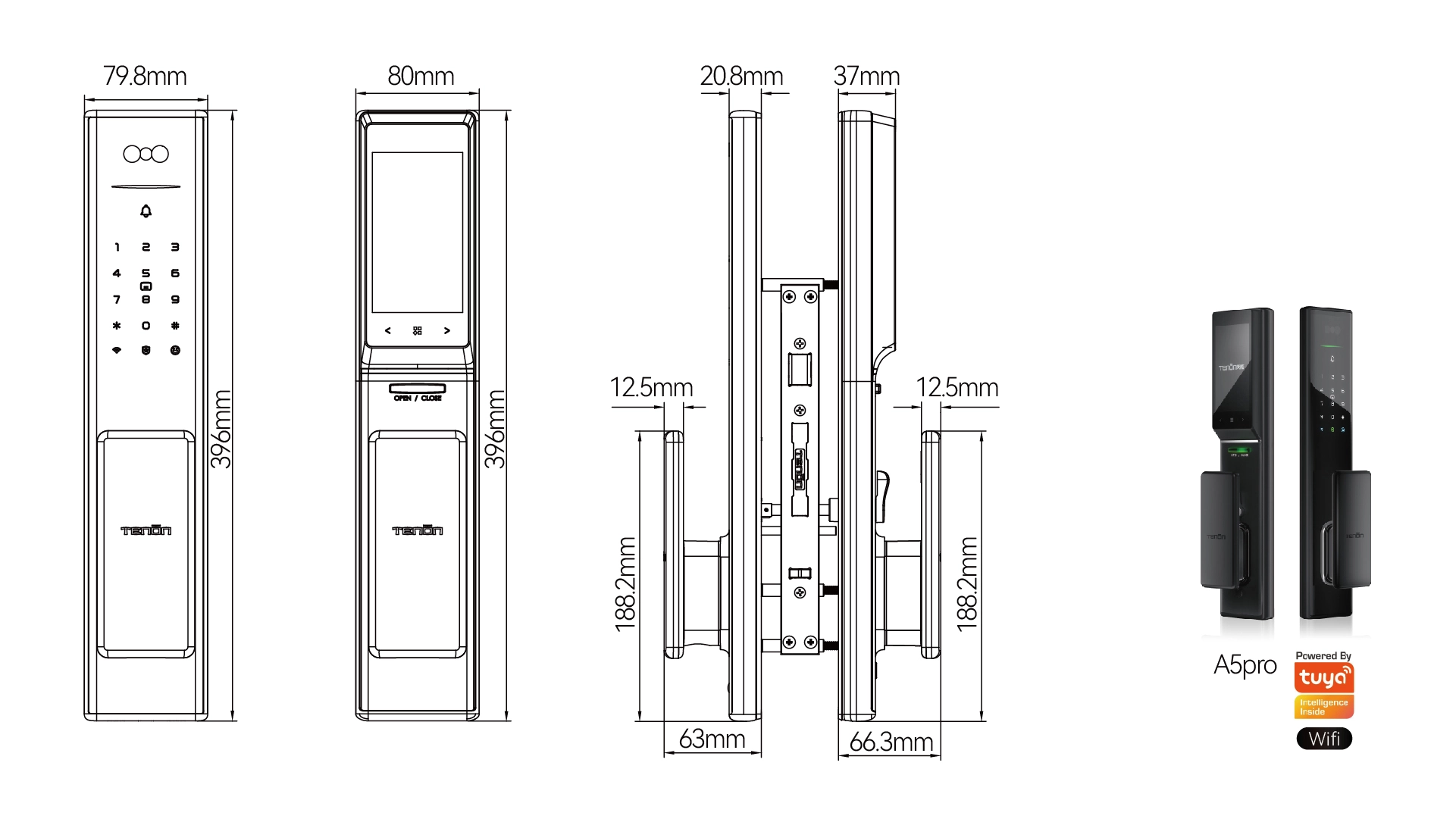 Diagram of Tenon A5 pro，Ultra Slim 18mm Automatic Control Built-in WiFi Palm Vein Unlock Smart Door Lock with Display and Digital Door Viewer