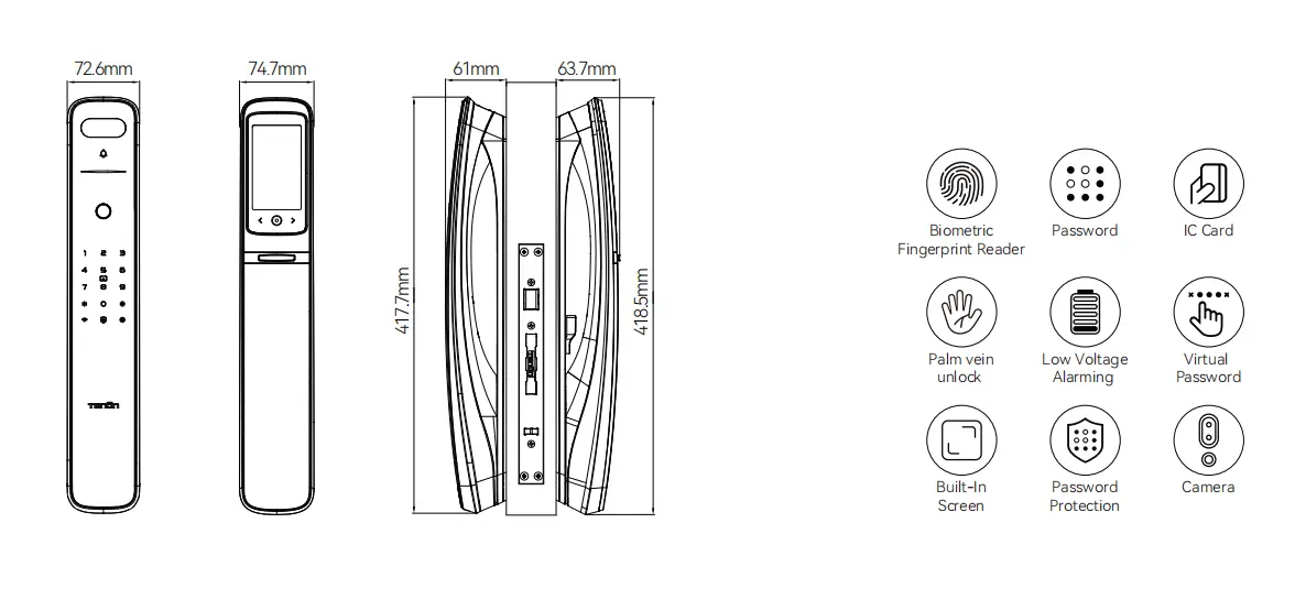 Diagram of Tenon A9 pro，3D Face Recognition Built-in WiFi Palm Vein Unlock Smart Door Lock with Display And Digital Door Viewer