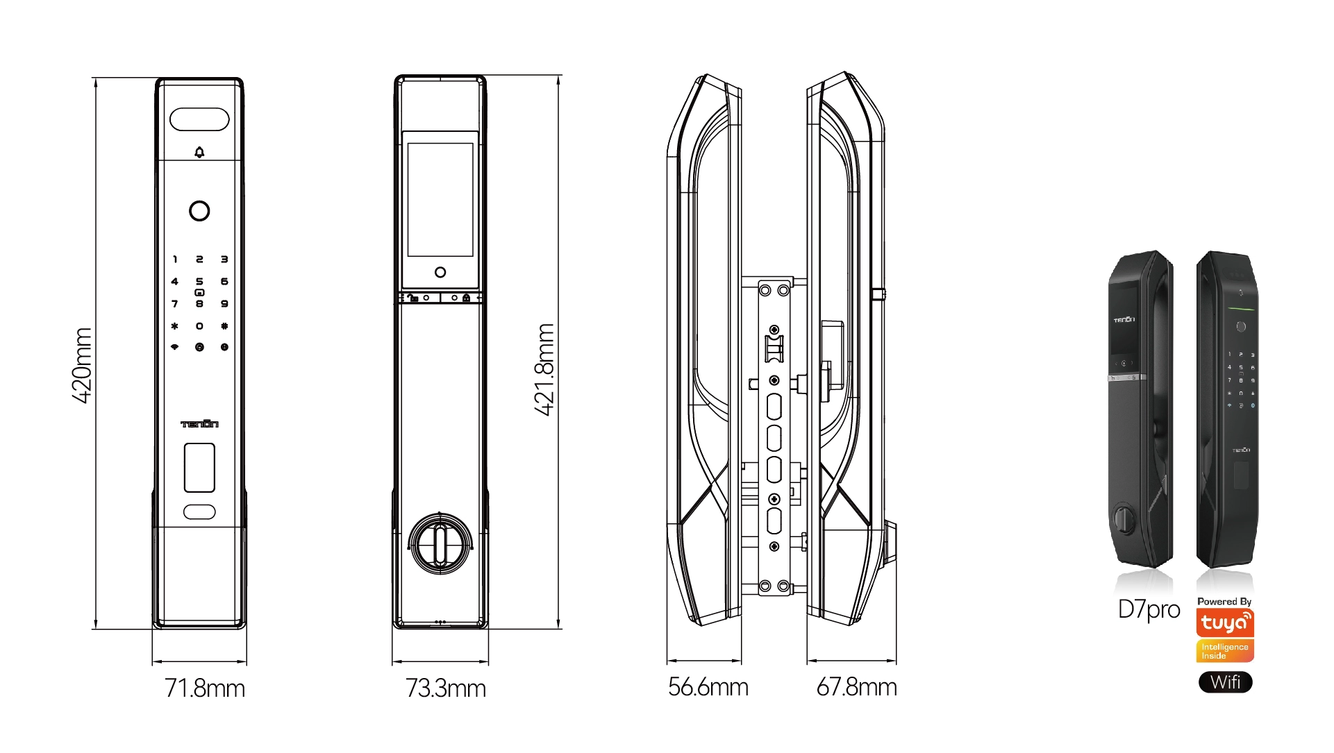 Diagram of Tenon D7 pro，3D Face Recognition Built-in WiFi Palm Vein Unlock Smart Door Lock with Display And Digital Door Viewer