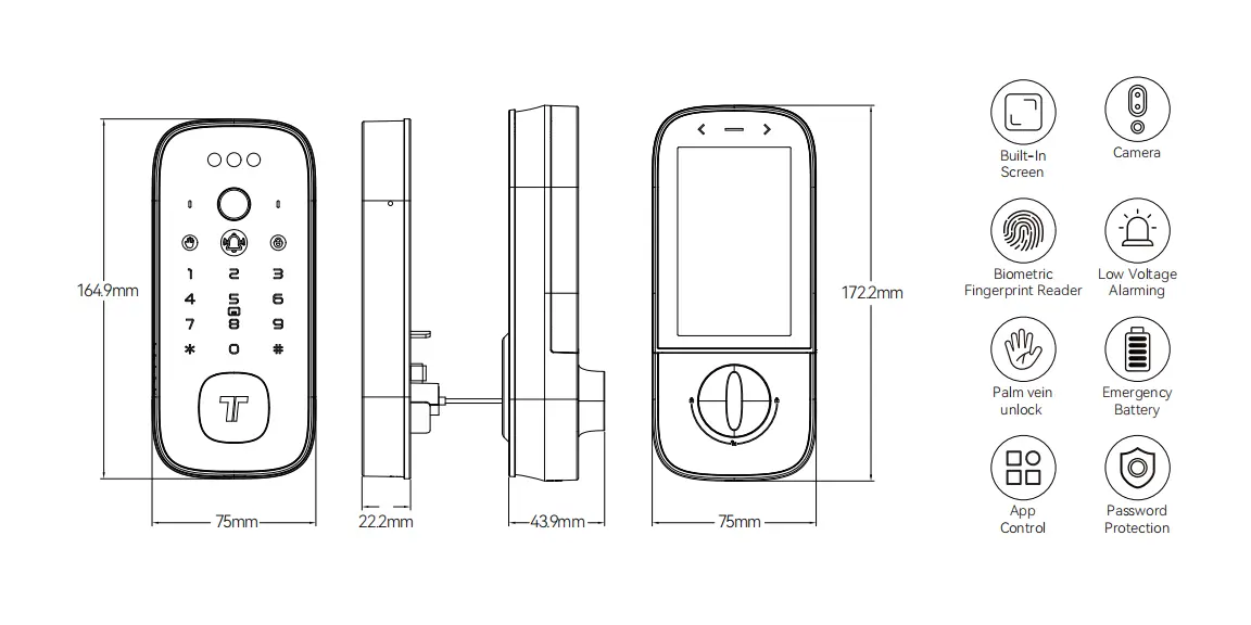 Diagram of Tenon K10 pro，Built-in WiFi Palm Vein Unlock Smart Door Lock with Display and Digital Door Viewer